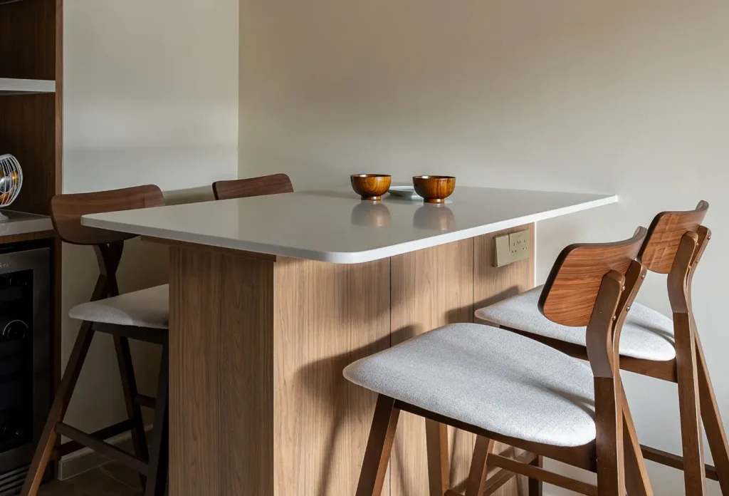 a sturdy wooden dining table with simple chairs is the centerpiece. neutral tones, pendant lights, and natural textures complete the space.